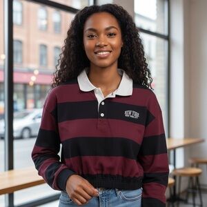 Forever 21 Red and Black Striped Cropped Top with White Collar